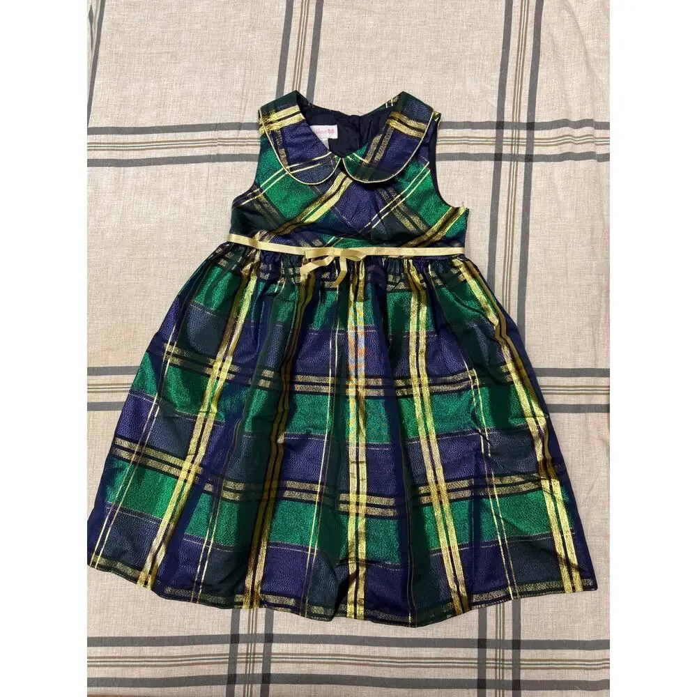 Bonnie Jean Girls Size 6 Green Navy Metallic Gold Plaid Holiday Christmas Dress